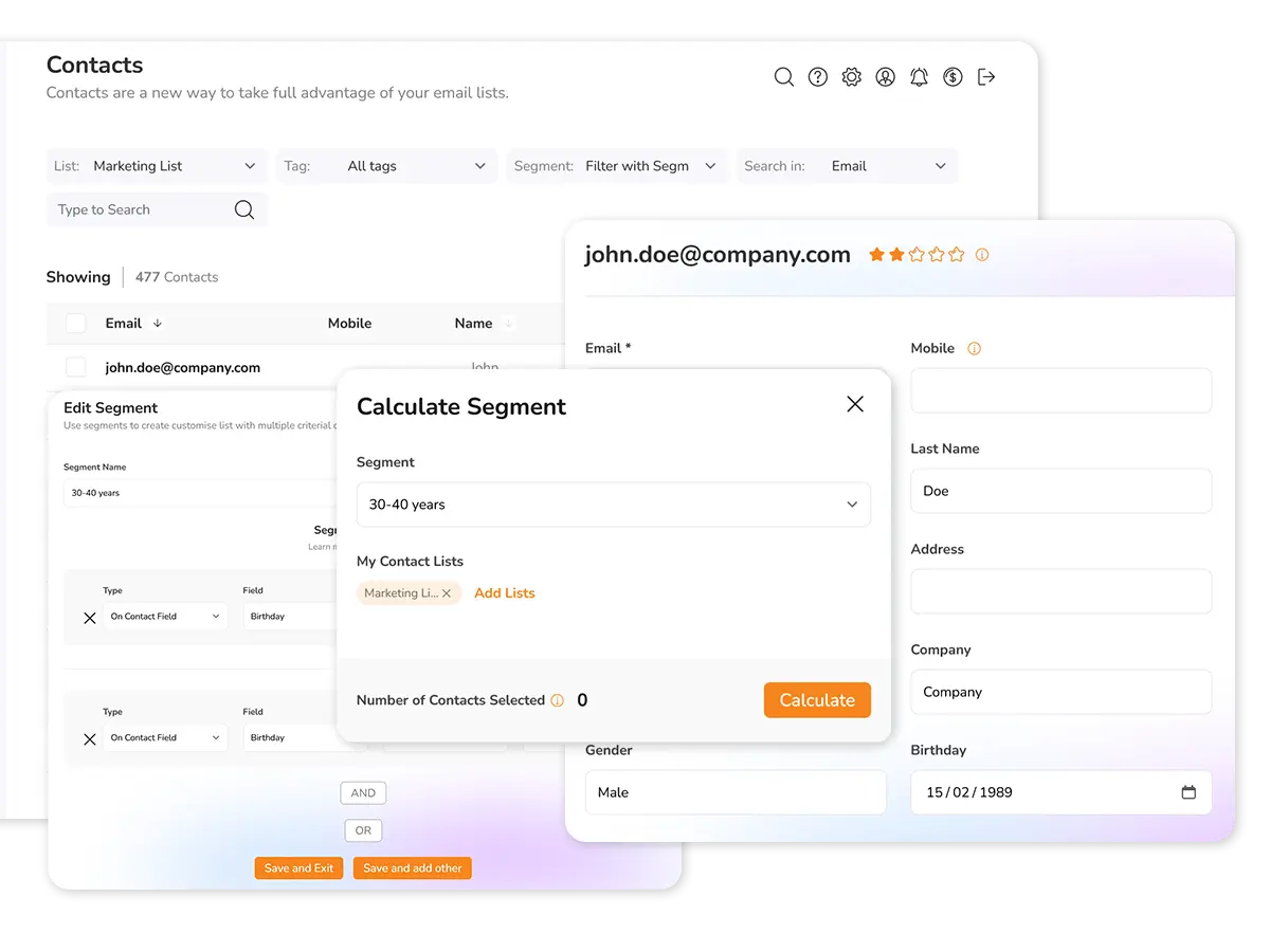 Contacts dashboard with tags, segments and lists
