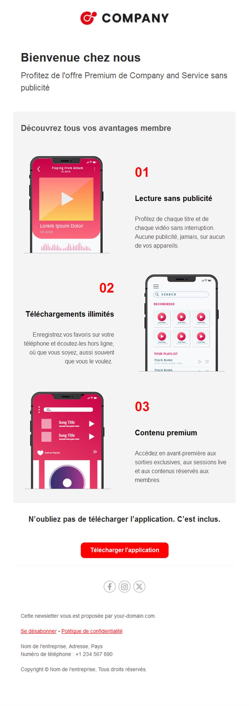 Email de bienvenue avec avantages de l'appli