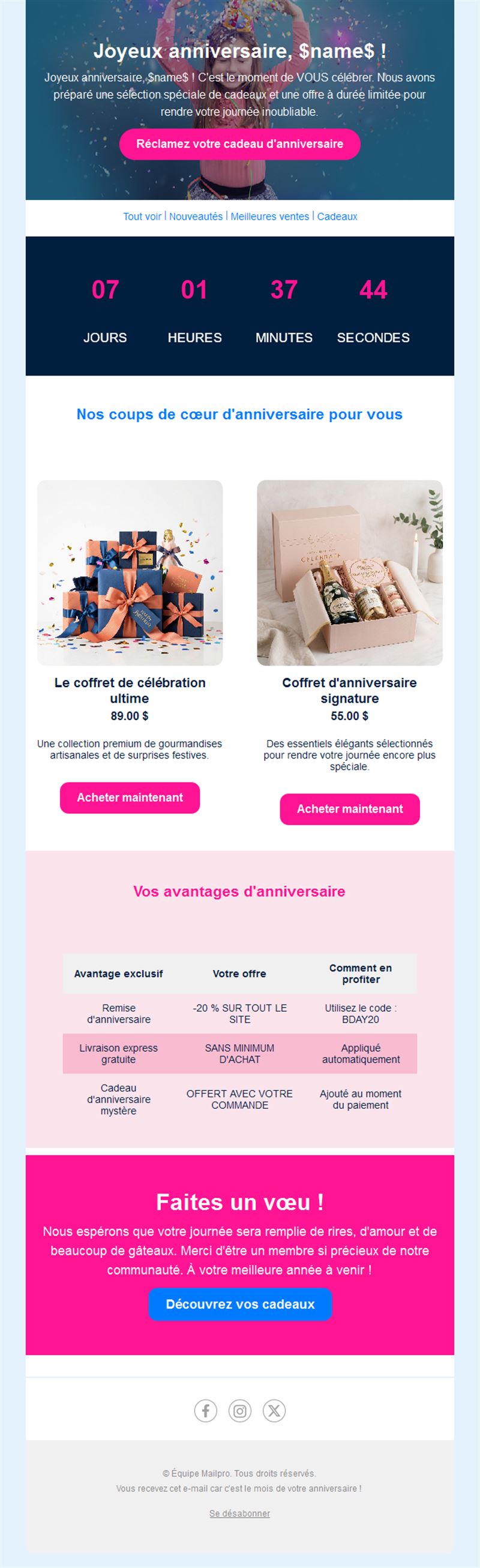 Avantages d'anniversaire avec compte à rebours
