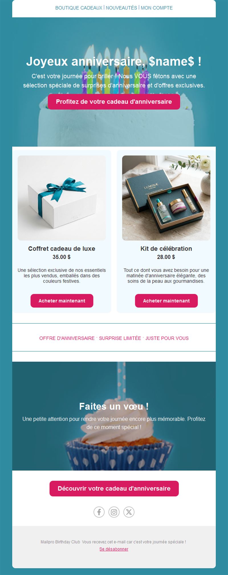 Email bleu-vert de cadeaux d'anniversaire