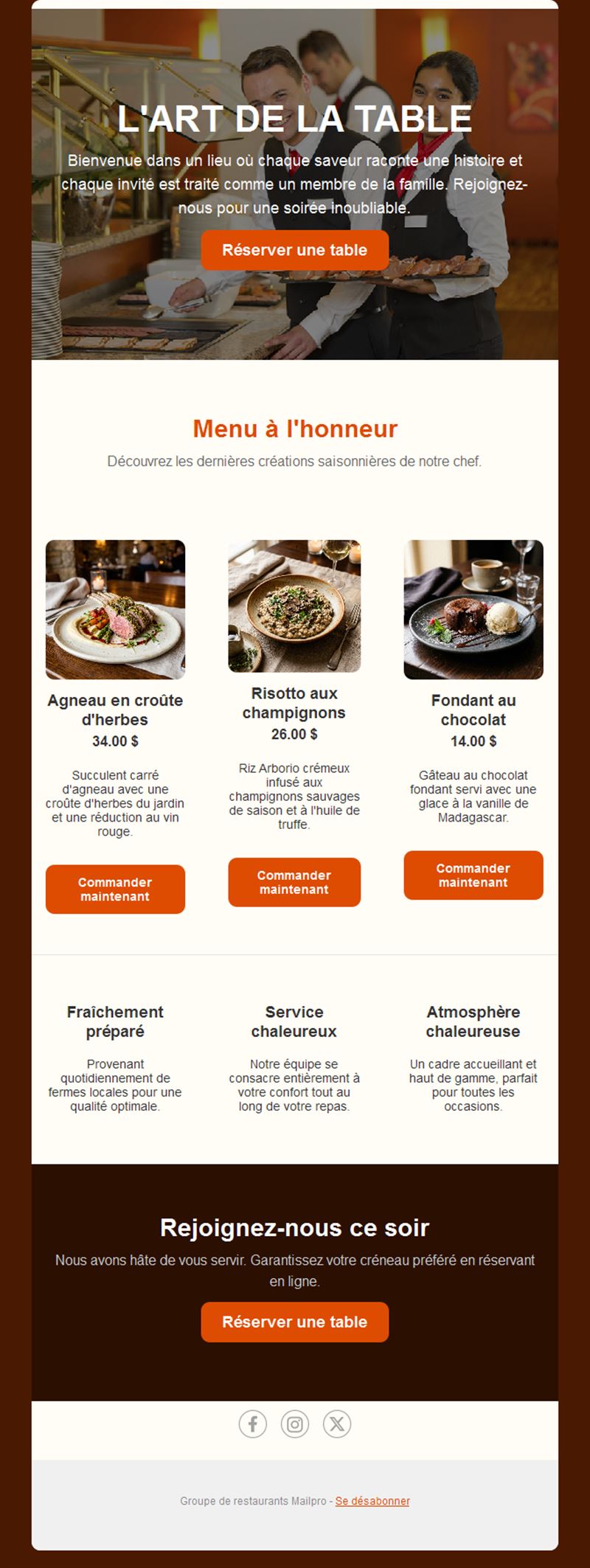 Email de menu à la une de restaurant