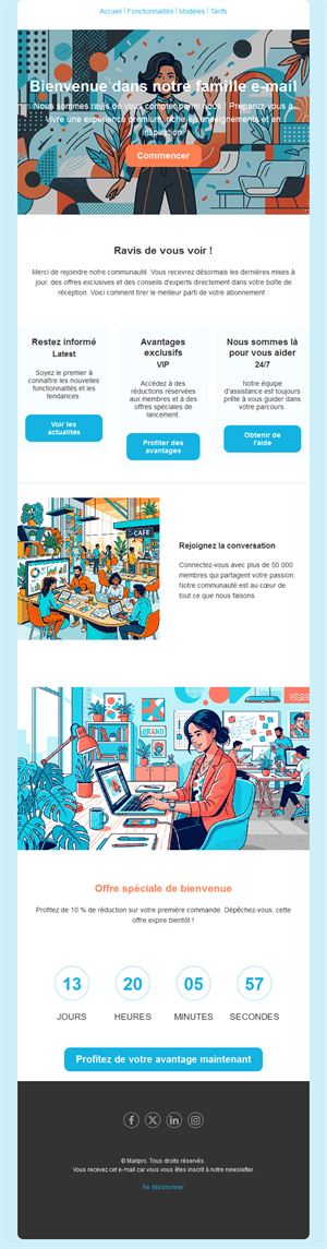 Email illustré de bienvenue à la newsletter