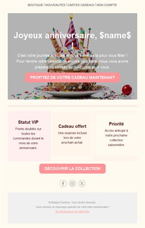 Email d'anniversaire fidélité avec avantages VIP